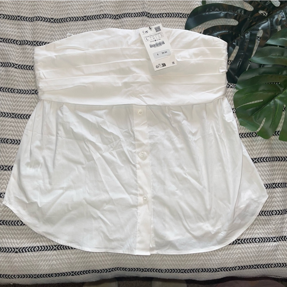 Zara White Strapless Pinstriped Front Poplin Bandeau Blouse